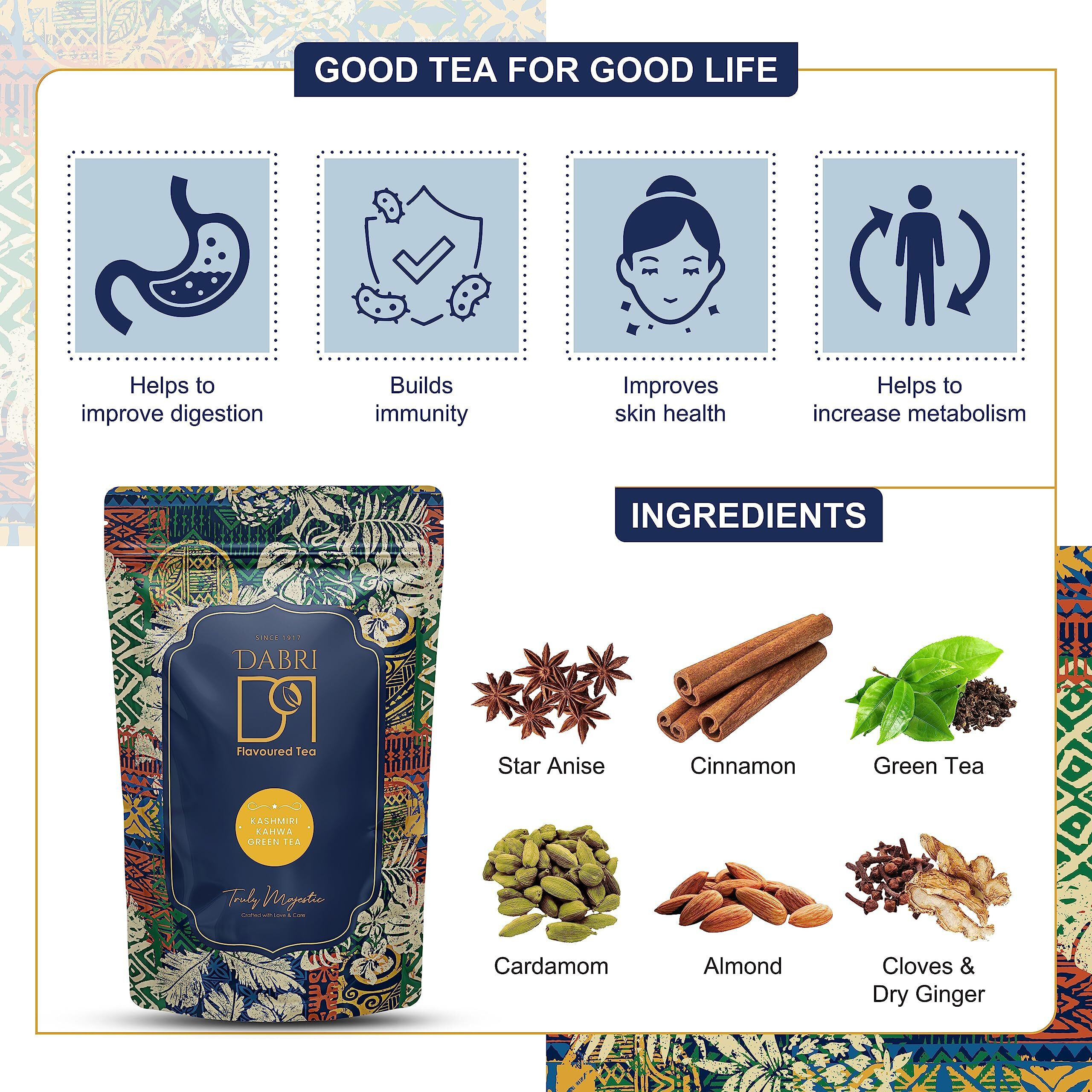 DABRI Kashmiri Kahwa Green Tea 100 Gm, Loose Leaves | Blended With Saffron, Almonds, Spices | Improves Digestion & Blood Circulation | 100% Natural Ingredients & Original Flavour Of Kesar
