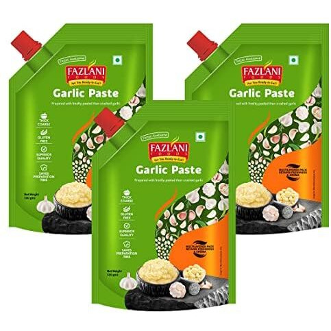 FAZLANI FOODS Fresh Garlic Paste Ready to Use Thick Coarse for Cooking Paste, Gluten Free, Pack of 3, 500GM Each