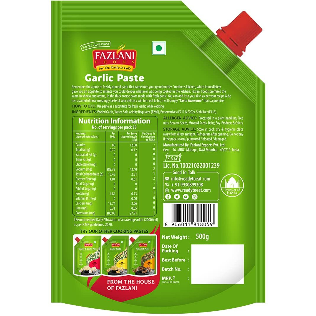 FAZLANI FOODS Fresh Garlic Paste Ready to Use Thick Coarse for Cooking Paste, Gluten Free, Pack of 3, 500GM Each