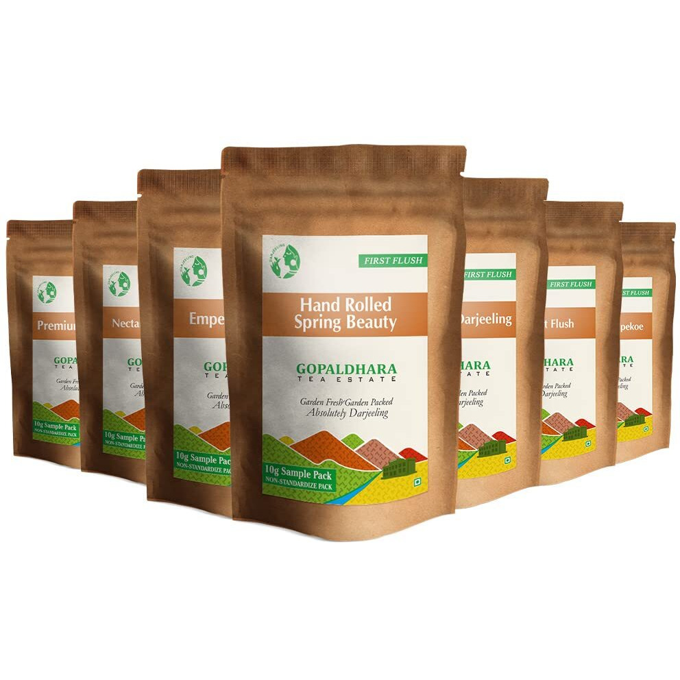 Gopaldhara Darjeeling First Flush Tea Sample Pouches - Fresh Year Tea 70gms Pack of 7 Teas From the Gopaldhara Tea Estate Highest Elevation 7000 Feet