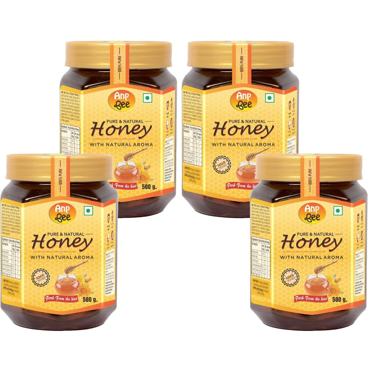 ANP BEE Raw Unpasteurized NMR Tested Natural Honey 500g I Complies with 22 Rigorous FSSAI Quality Checks I 100% Pure, No Sugar Adulteration I Natural Immunity Booster for Adults & Kids I Pack of 4