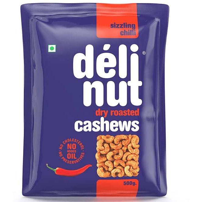 Delinut Dry Roasted Cashews | Plain and Flavoured Cashews (Chilli, 500 gm)