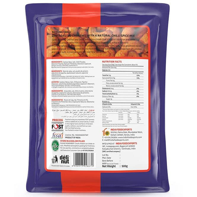 Delinut Dry Roasted Cashews | Plain and Flavoured Cashews (Chilli, 500 gm)