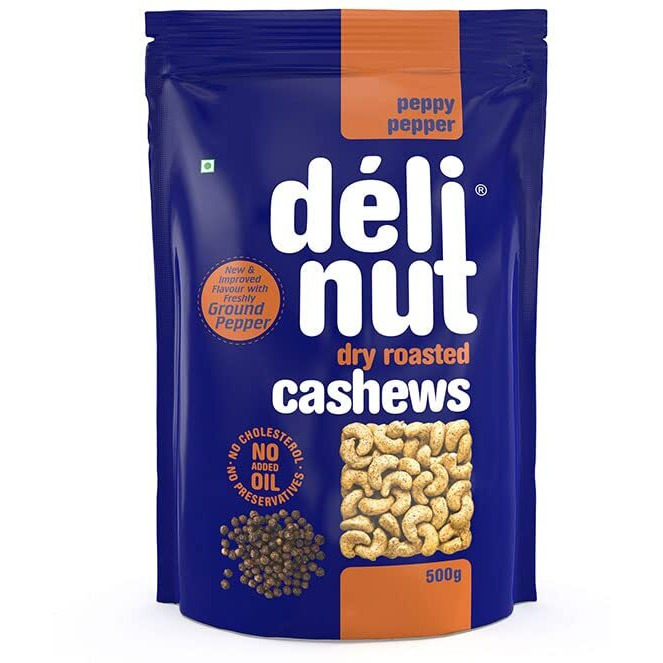 Delinut Dry Roasted Cashews | Plain and Flavoured Cashews (Pepper, 500 gm)