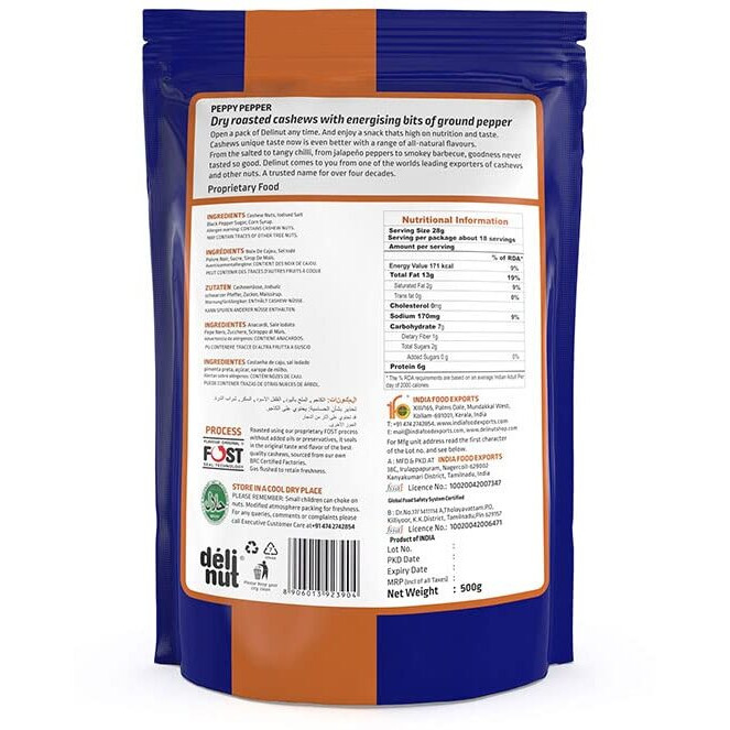 Delinut Dry Roasted Cashews | Plain and Flavoured Cashews (Pepper, 500 gm)