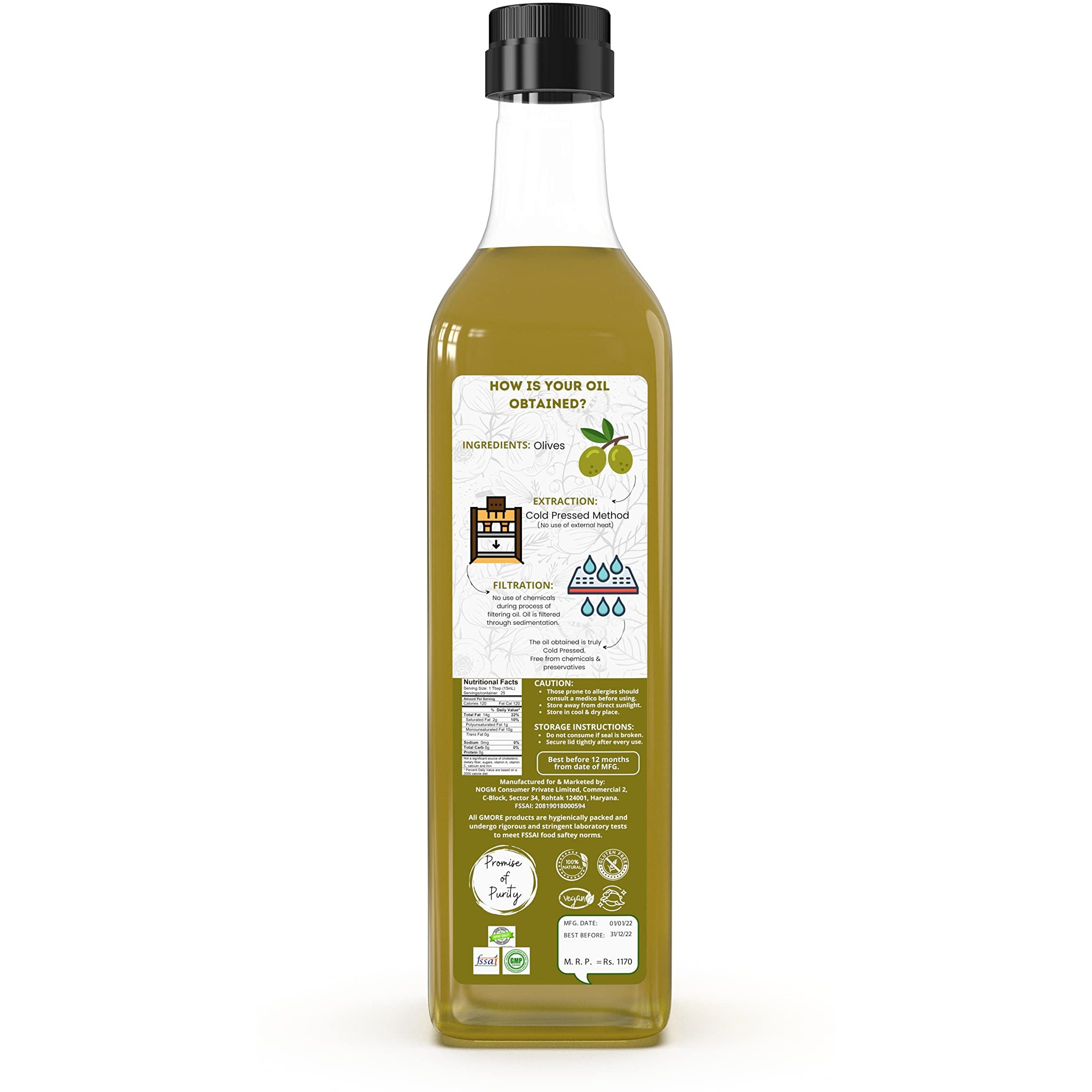 Gmore - Cold Pressed - Extra Virgin Olive Oil - Organic - 100% Pure & Natural Olive Oil (500ml)
