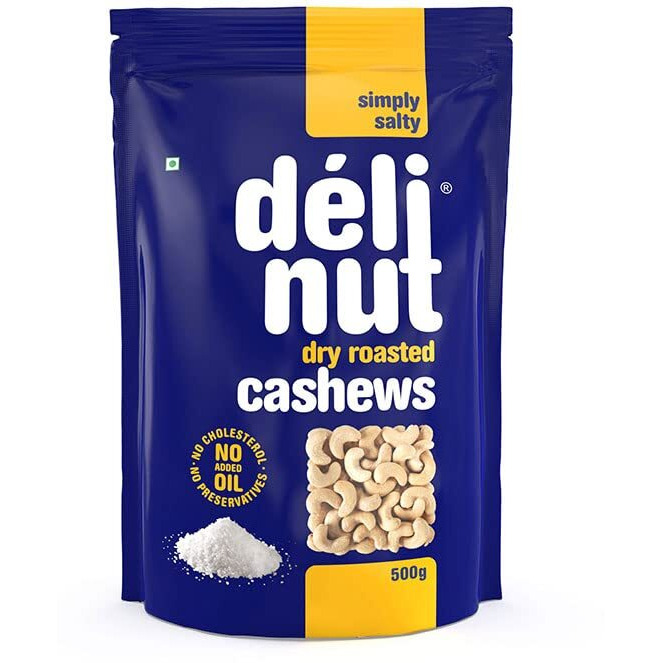 Delinut Dry Roasted Cashews | Plain and Flavoured Cashews (Salted, 500 gm)
