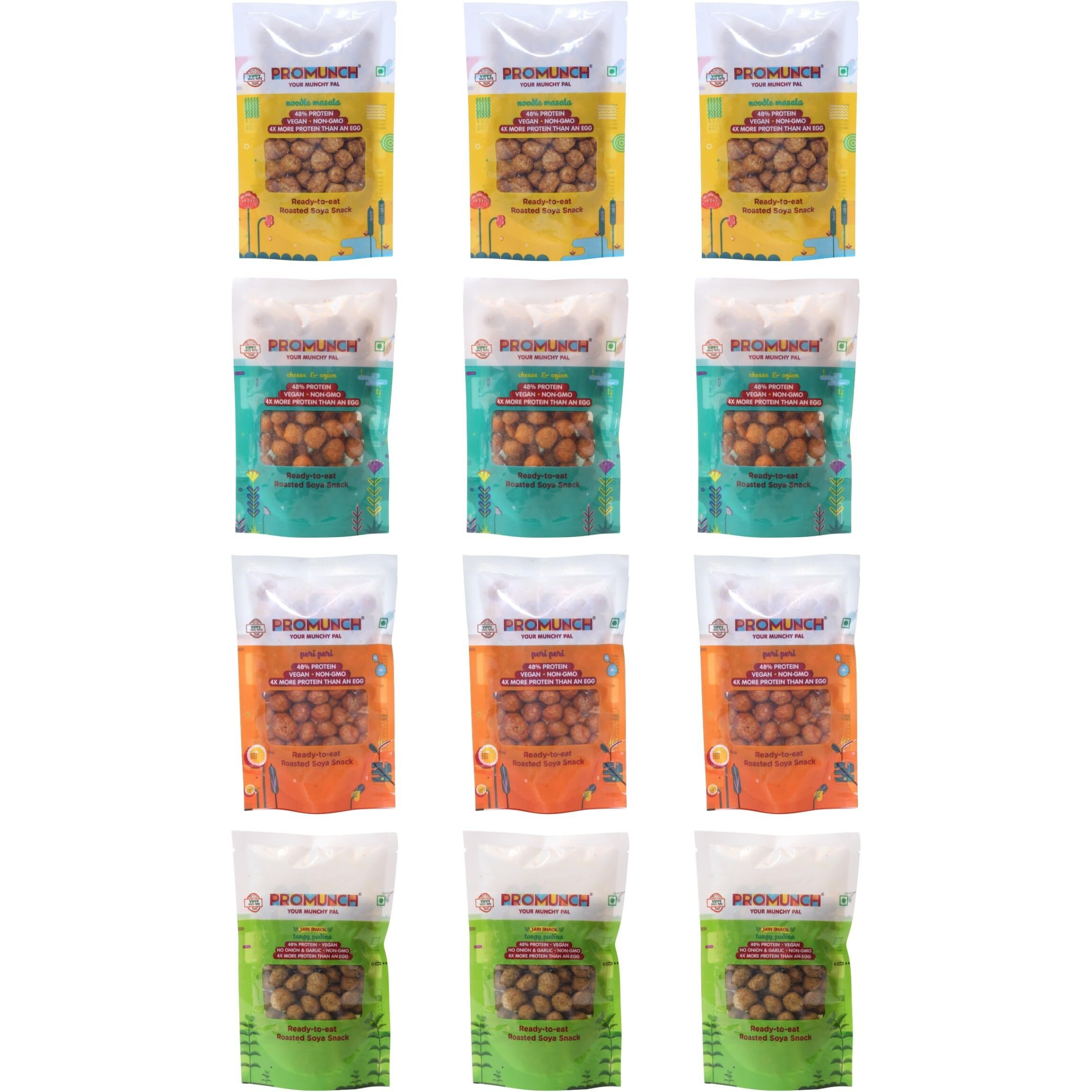 PROMUNCH Roasted Soya Snack | High-Protein | Healthy | Gluten-Free (Cheese&Onion-3,Peri Peri-3,Noodle Masala-3,Tangy Pudina-3) 30 gm Each