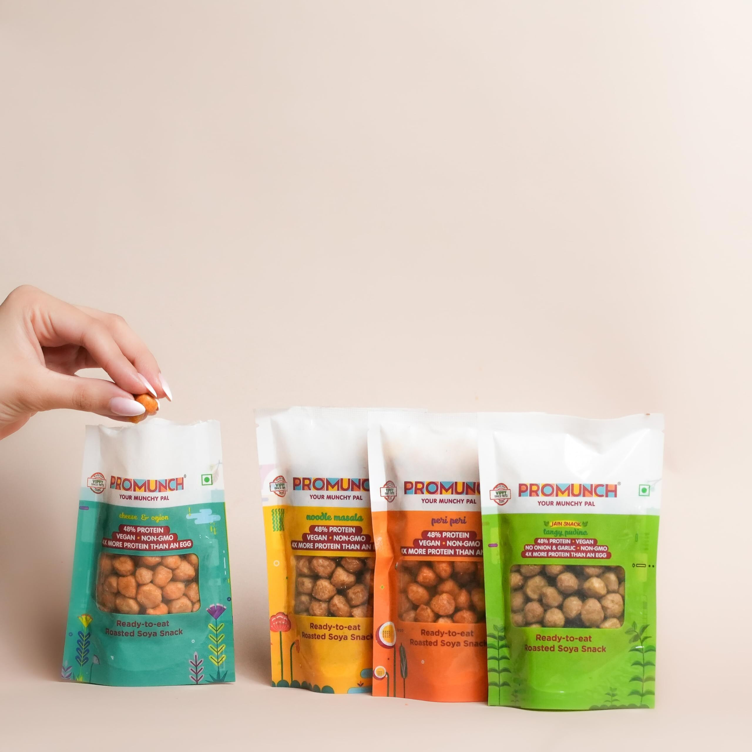 PROMUNCH Roasted Soya Snack | High-Protein | Healthy | Gluten-Free (Cheese&Onion-3,Peri Peri-3,Noodle Masala-3,Tangy Pudina-3) 30 gm Each