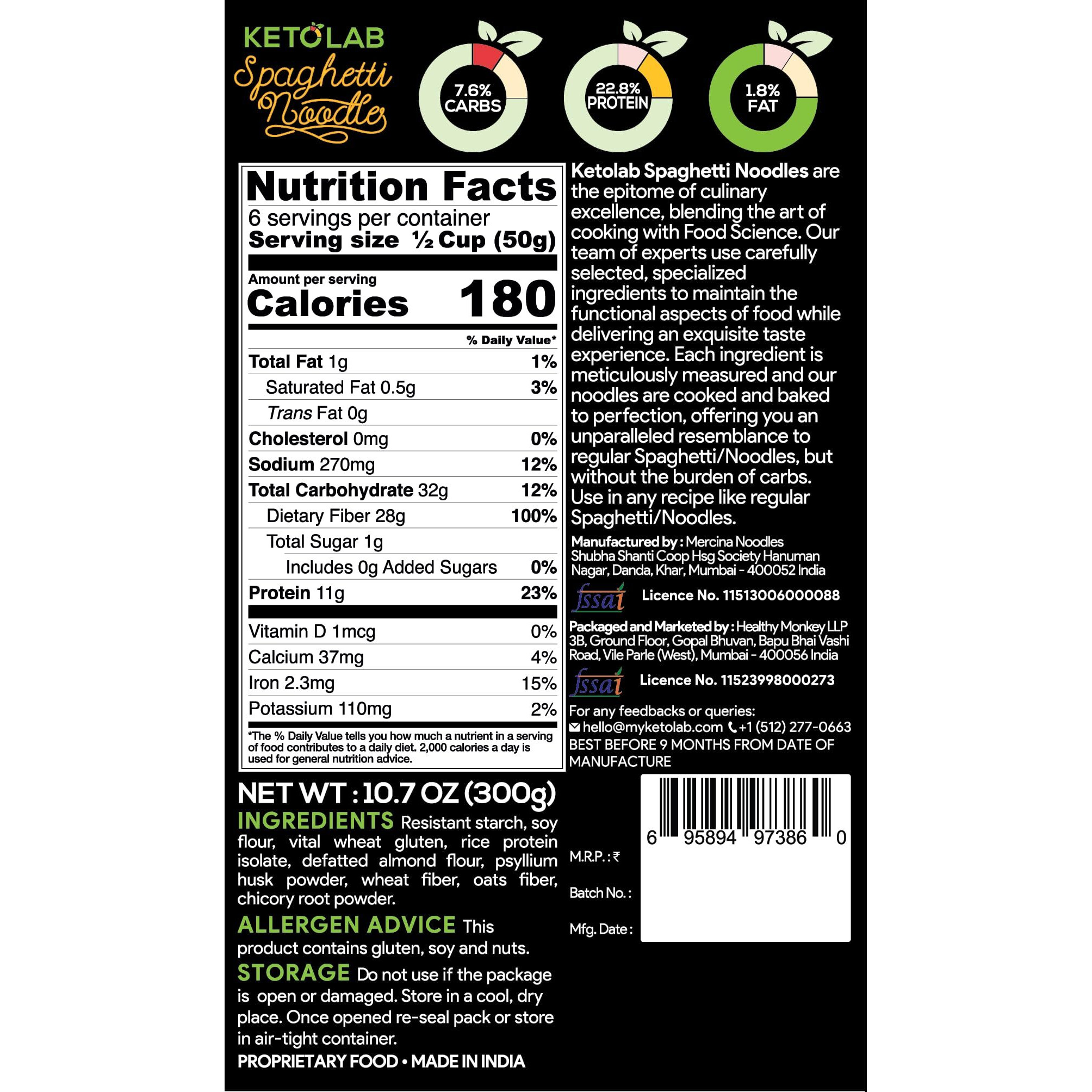 Ketolab Keto Noodles Spaghetti, 300 Gms x Pack of 2, 3.8g Net Carb & 11g High Protein/Serving, Identical to Regular Noodles, Ultra Low Carb, Pre-Biotic High Fibre, For Keto Diet and Weight Loss