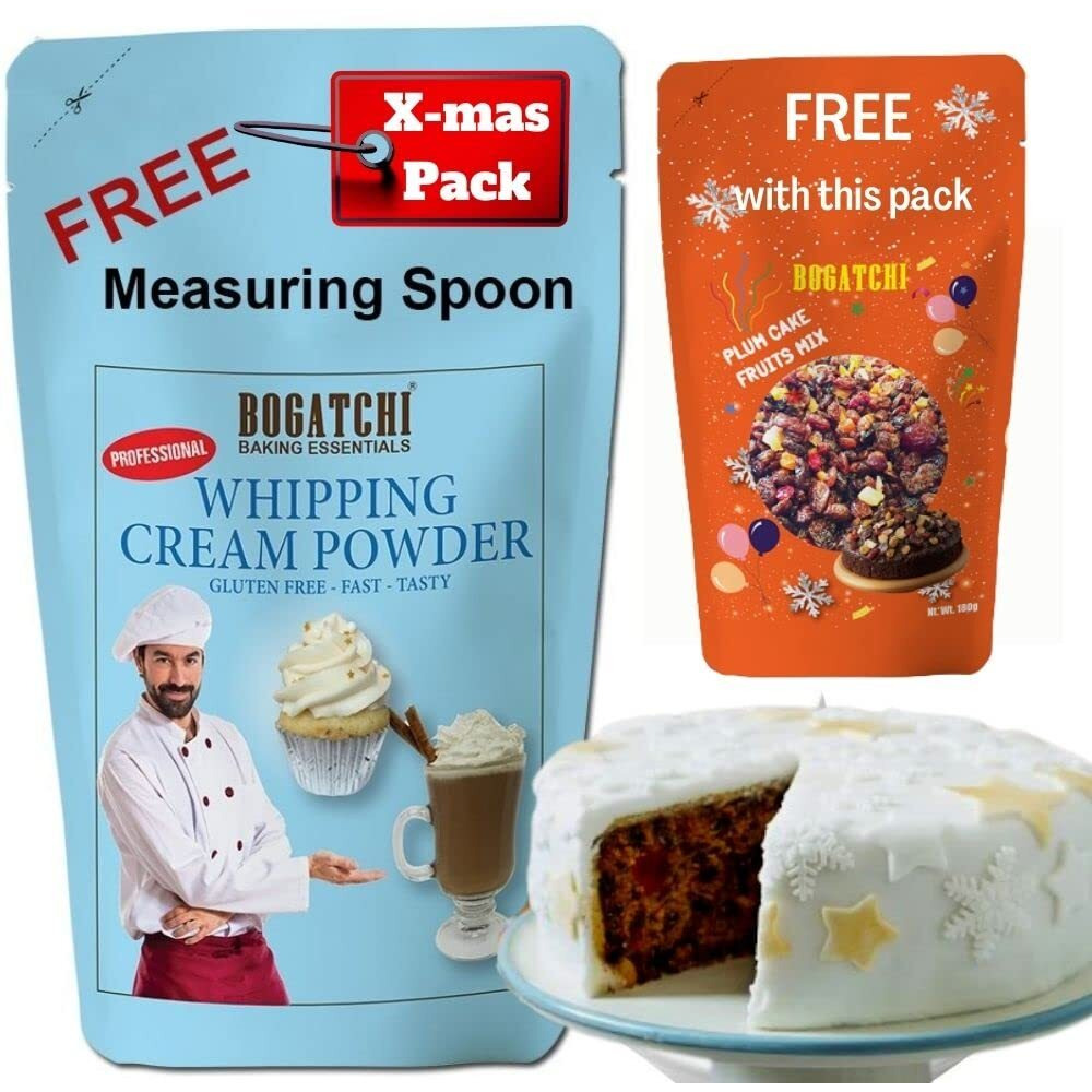 BOGATCHI Whipping cream combo for plum cake, Christmas Plum Cake Special - Xmas Plum cake fruits mix with Rich Whipping cream, Vanilla Whipped Cream, 180g|FREE Christmas Plum Cake Fruit Mix (100g)