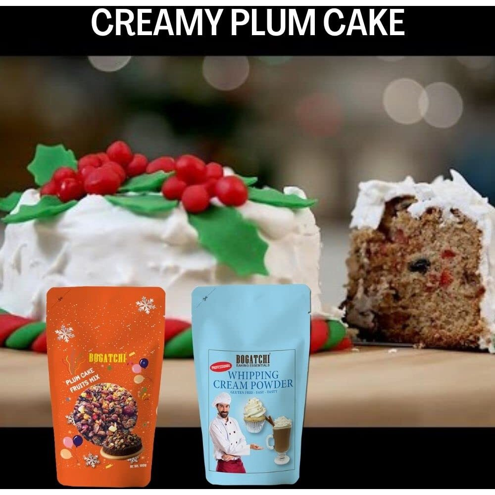 BOGATCHI Whipping cream combo for plum cake, Christmas Plum Cake Special - Xmas Plum cake fruits mix with Rich Whipping cream, Vanilla Whipped Cream, 180g|FREE Christmas Plum Cake Fruit Mix (100g)