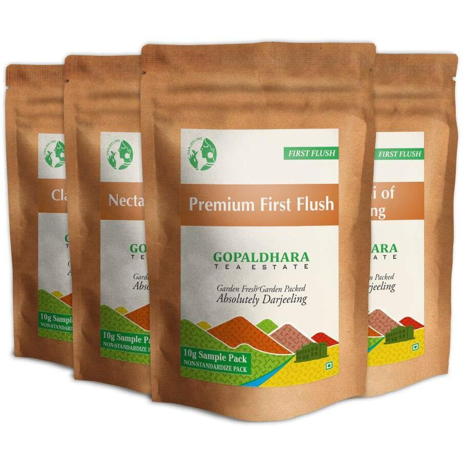 GOPALDHARA Darjeeling First Flush Teas Sample Pouches (Pack Of 4 Teas - 10 Grams Each) - Special Ftgfop1 Whole Leaf Teas, Black Tea