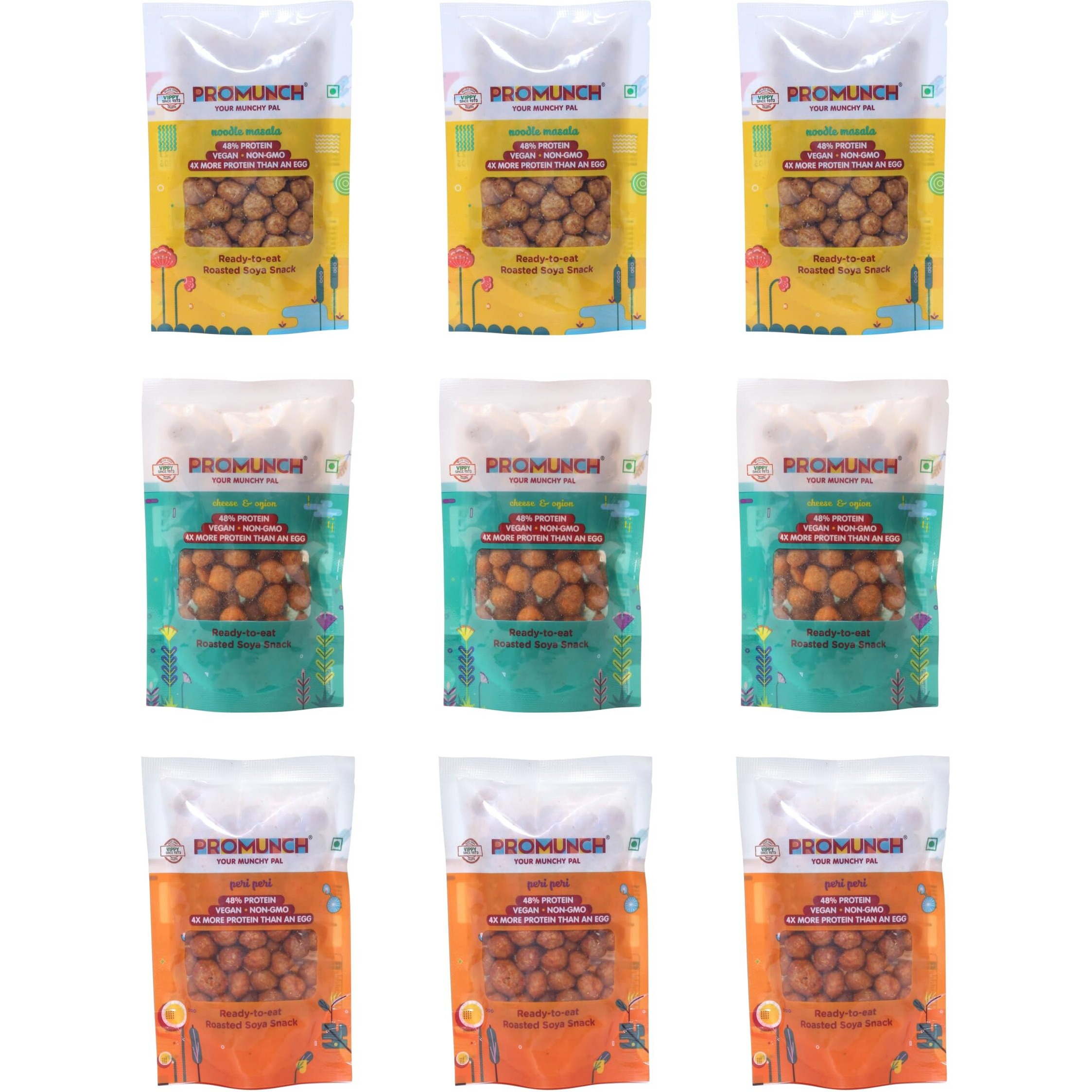 PROMUNCH Roasted Soya Snack | High-Protein | Healthy | Gluten-Free (Cheese and Onion-3, Peri Peri-3, Noodle Masala-3) 30 gm Each