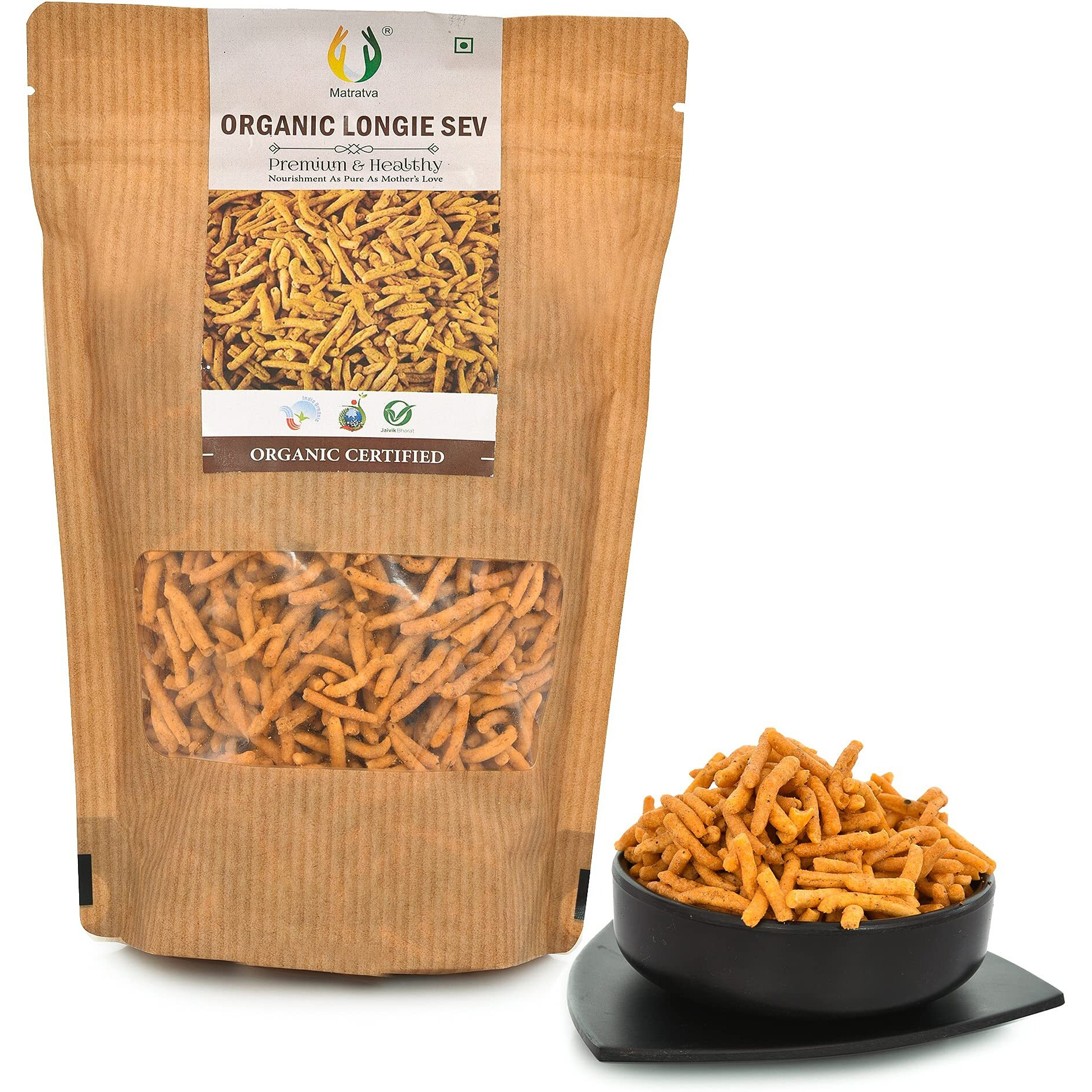 Matratva Organic Laung Sev Namkeen 1 kg | Long Sev | Soft & Spicy | Organic Namkeen | Fried in Cold Pressed Groundnut Oil | Besan Namkeen | Healthy Indian Snacks | No Preservatives