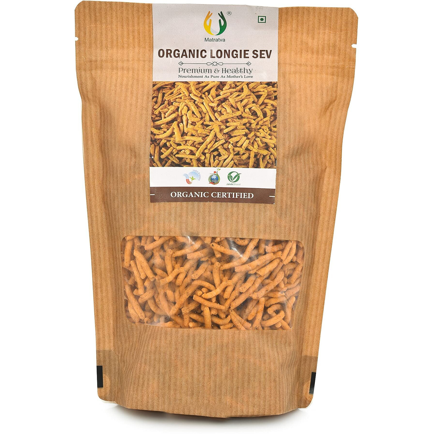 Matratva Organic Laung Sev Namkeen 1 kg | Long Sev | Soft & Spicy | Organic Namkeen | Fried in Cold Pressed Groundnut Oil | Besan Namkeen | Healthy Indian Snacks | No Preservatives