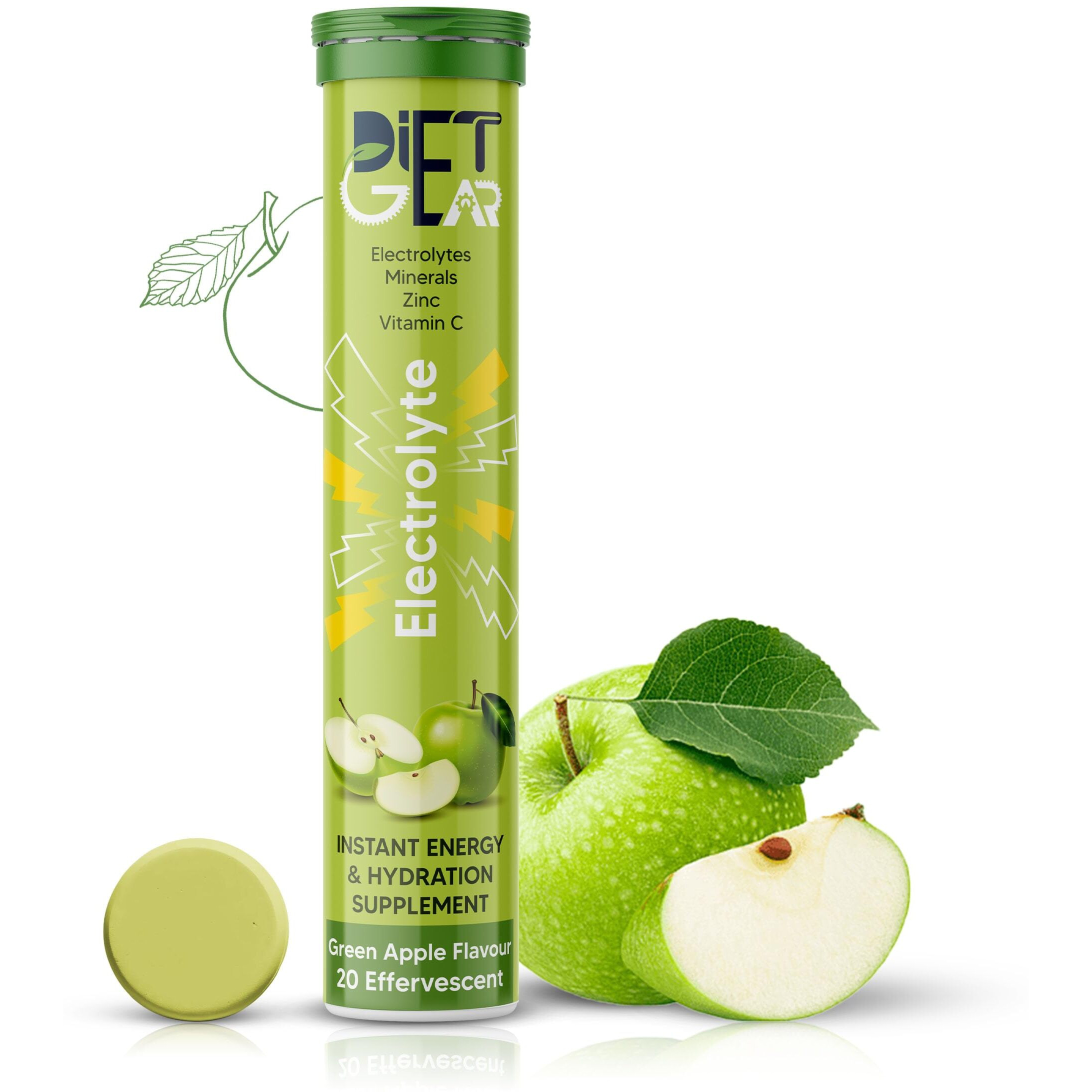 DIET GEAR Energy Drink Electrolytes 20 Effervescent Tablets (5 litre) Zero Sugar, Zero Caffeine| 7 Essential Electrolyte Salts (Na, K, Mg, Ca, Cl, Zn) + Vitamin C | Green Apple
