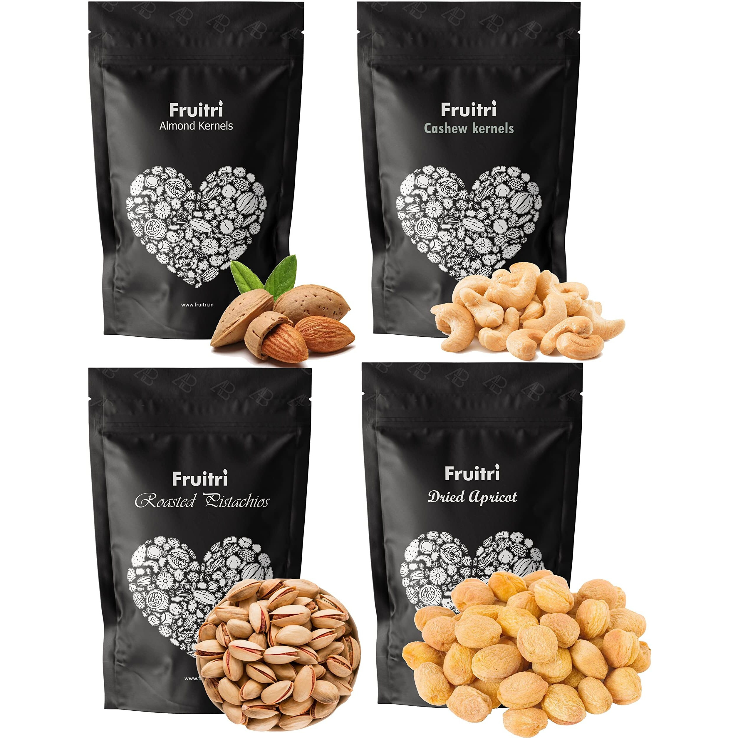 Fruitri Fresh and Premium Nuts, Dry Fruits Combo Pack, Almond, Cashew, Apricot, Pistachios (Combo4, 200g x 4)