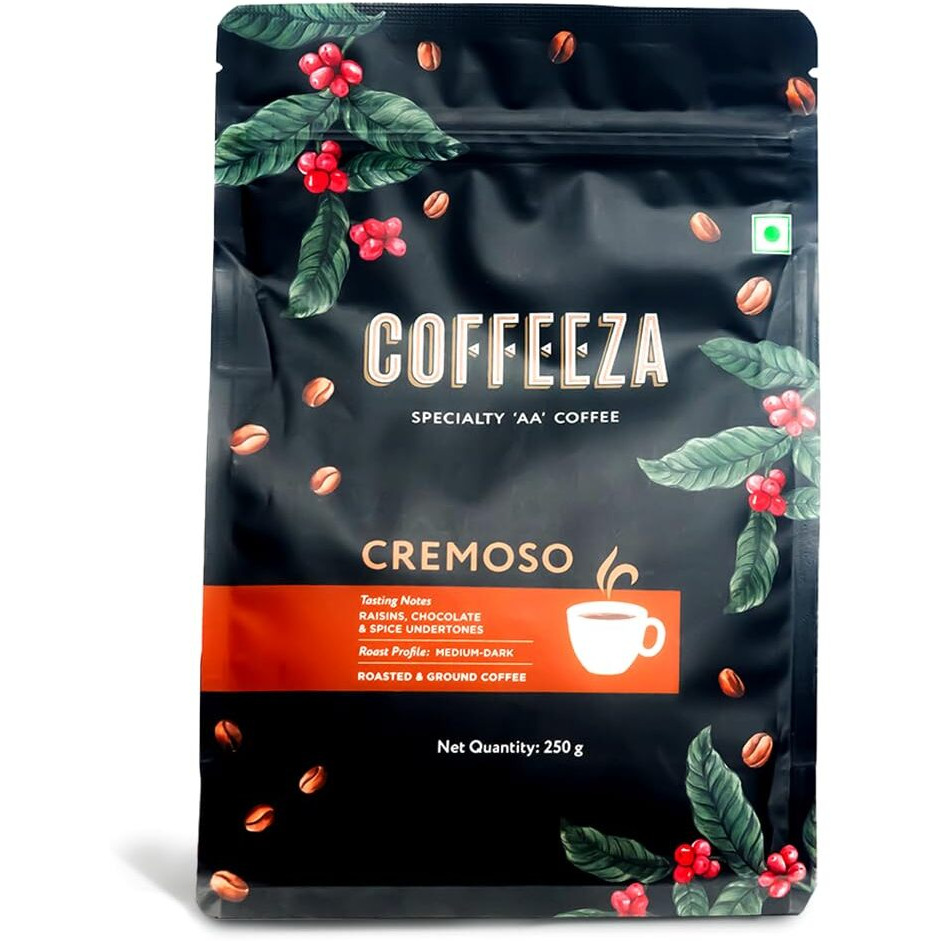COFFEEZA Cremoso Whole Beans | Speciality Grade With Medium-Dark Roast Whole Bean Coffee - 250G, Packet
