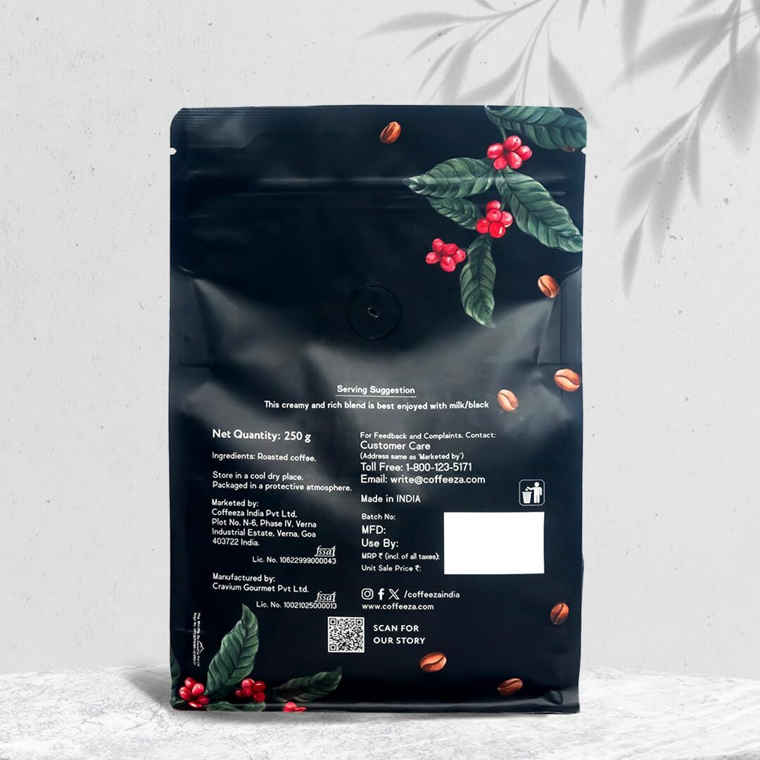 COFFEEZA Cremoso Whole Beans | Speciality Grade With Medium-Dark Roast Whole Bean Coffee - 250G, Packet