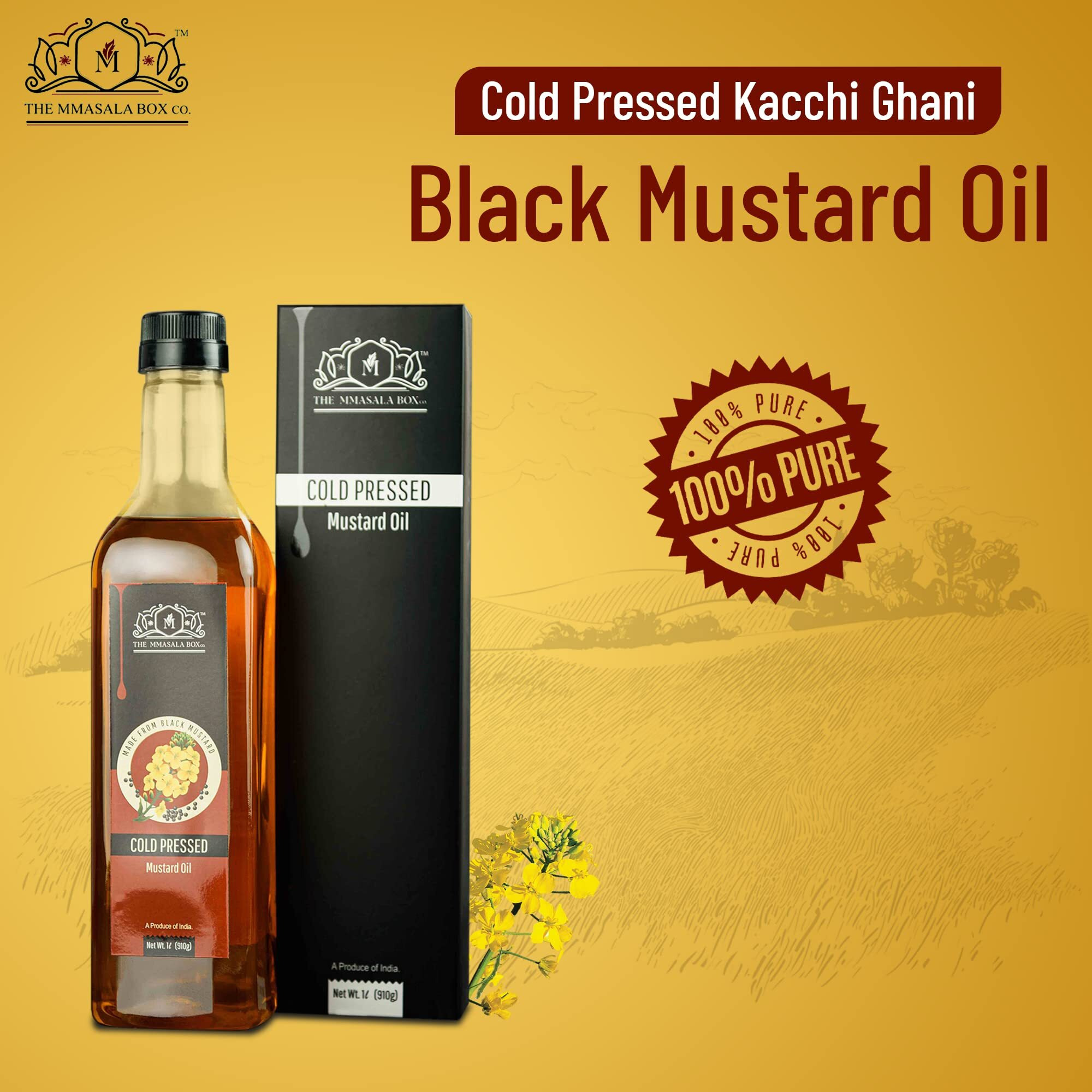 MMASALA BOX CO. Natural Cold Pressed Kacchi Ghani Mustard Oil |Pure, Vegan, Preservative Free, and Gluten Free (1 Liter, Pack of 2)