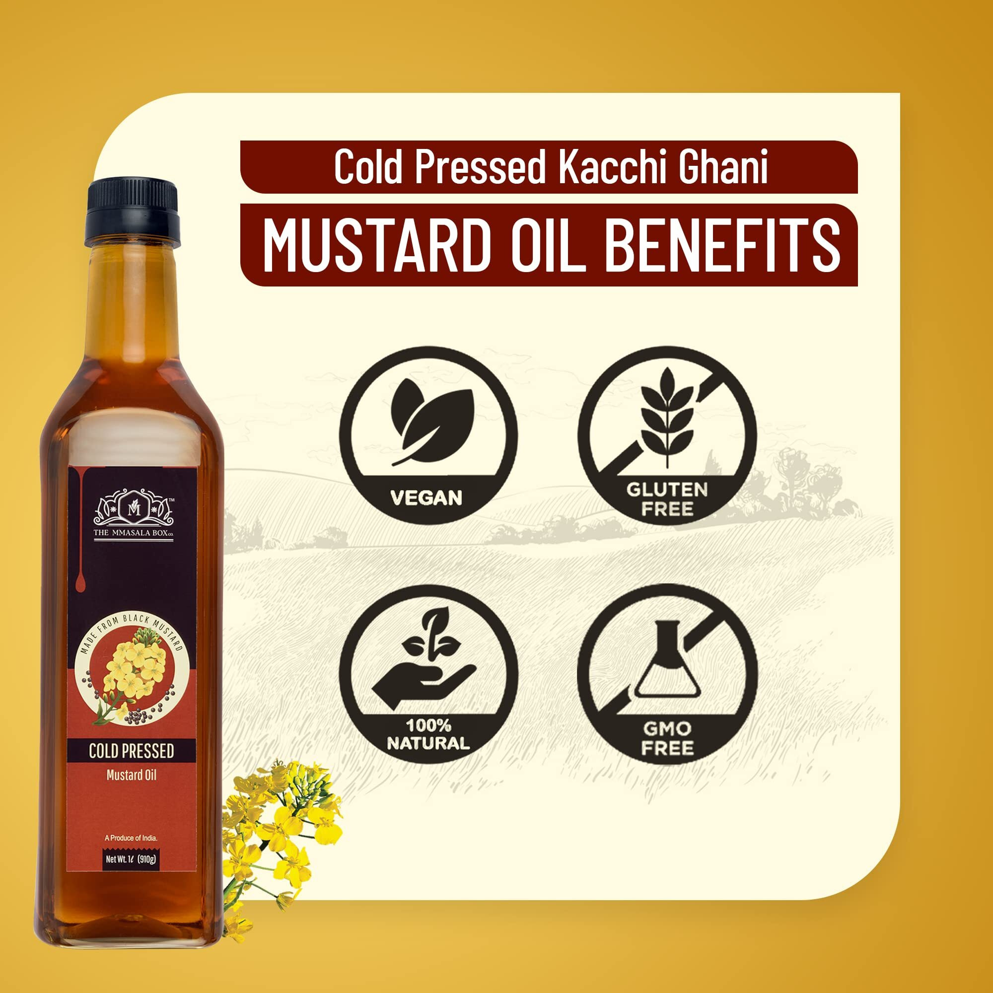 MMASALA BOX CO. Natural Cold Pressed Kacchi Ghani Mustard Oil |Pure, Vegan, Preservative Free, and Gluten Free (1 Liter, Pack of 2)