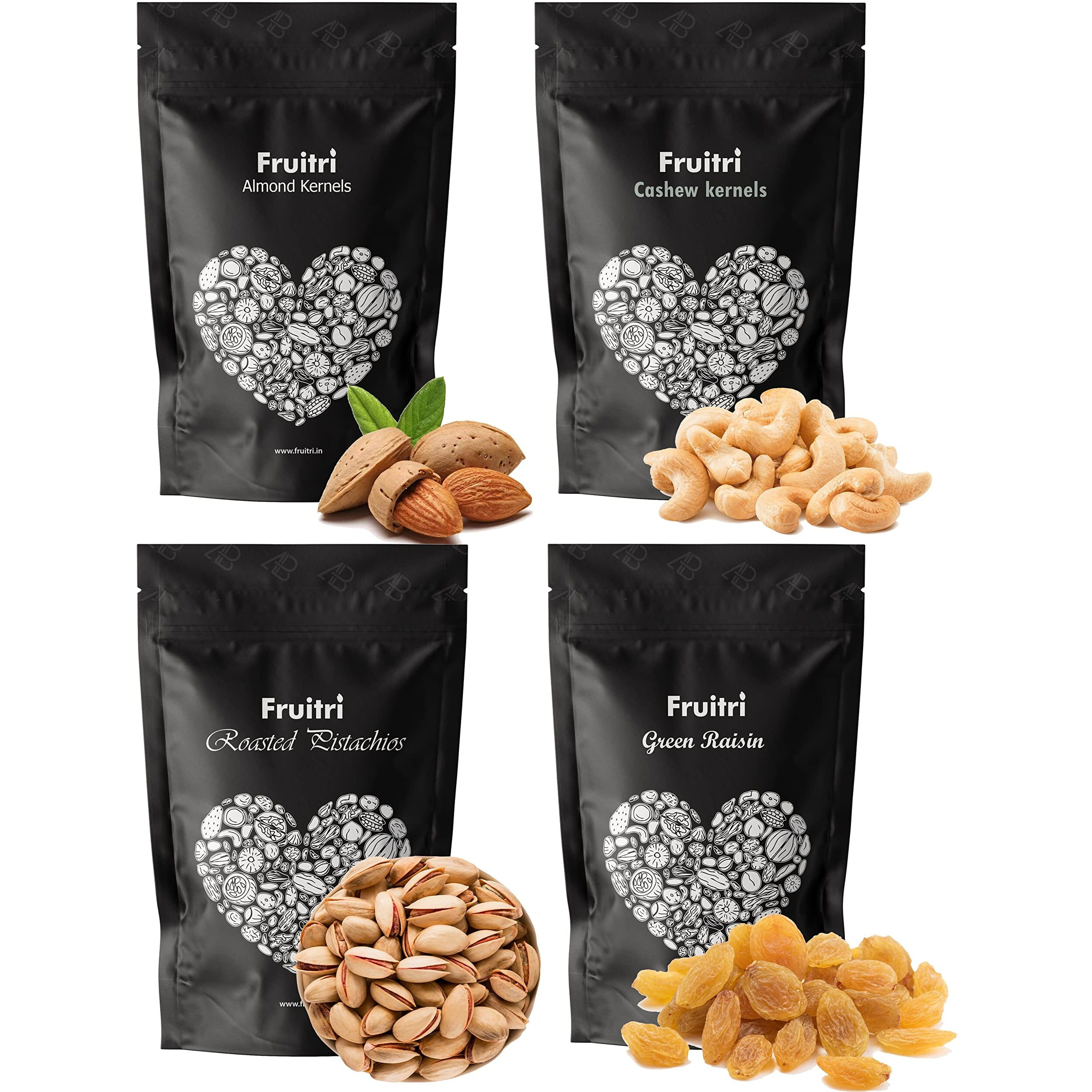 Fruitri Fresh and Premium Nuts, Dry Fruits Combo Pack, Almond, Cashew, Raisin, Pistachios (Combo1, 200g x 4)