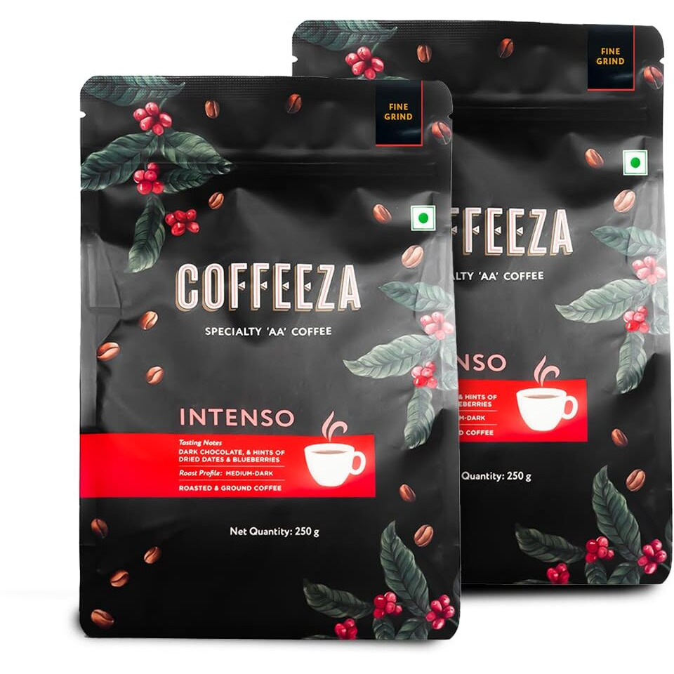 COFFEEZA Intenso Ground Coffee | Fine Grind (Espresso & Moka Pots) | Premium Grade, Medium-Dark Roasted Ground Coffee | Pack Of 2X 250Gm, Packet