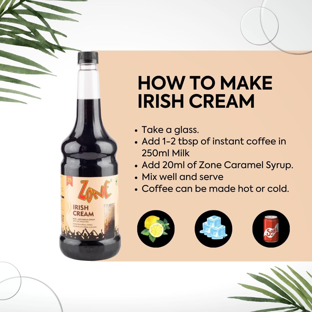 Zone Irish Cream Syrup 1050ml | Smooth & Creamy Flavor for Coffees, Shakes, Desserts & More | 35+ Flavours