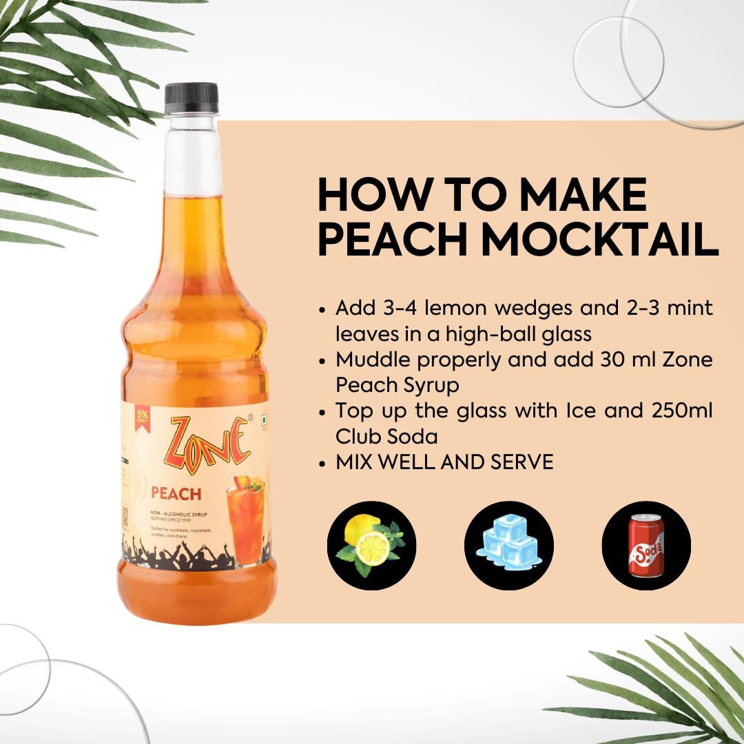 Zone Peach Syrup 1050ml | Ripe Peach Flavor for Mocktails, Cocktails, Lemonades, Iced Teas & More | 35+ Flavours