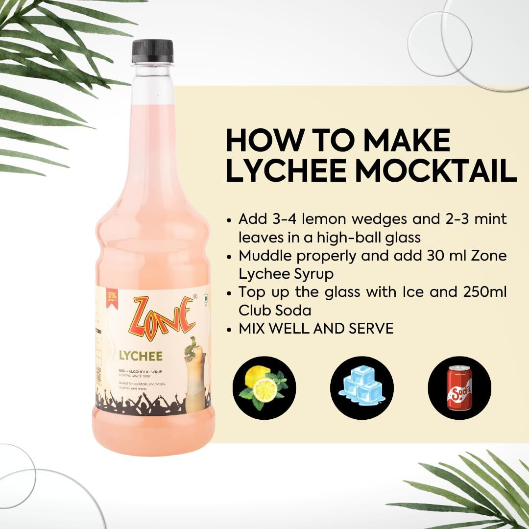 Zone Lychee Syrup 1050ml | Rich Lychee Flavor for Mocktails, Cocktails, Lemonades, Iced Teas & More | 35+ Flavours