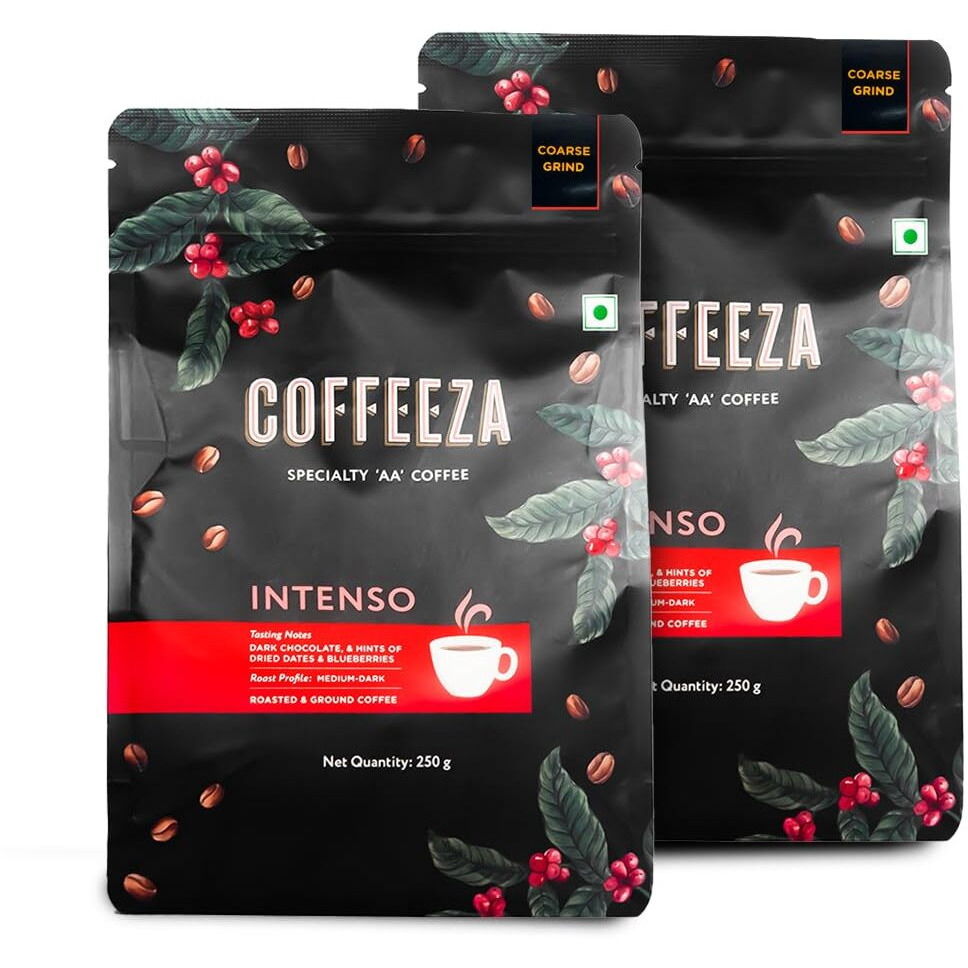 COFFEEZA Intenso Ground Coffee | Medium-Dark Roast | Coarse Grind (French Press) | Specialty Grade | Pack of 2 x 250g Packets