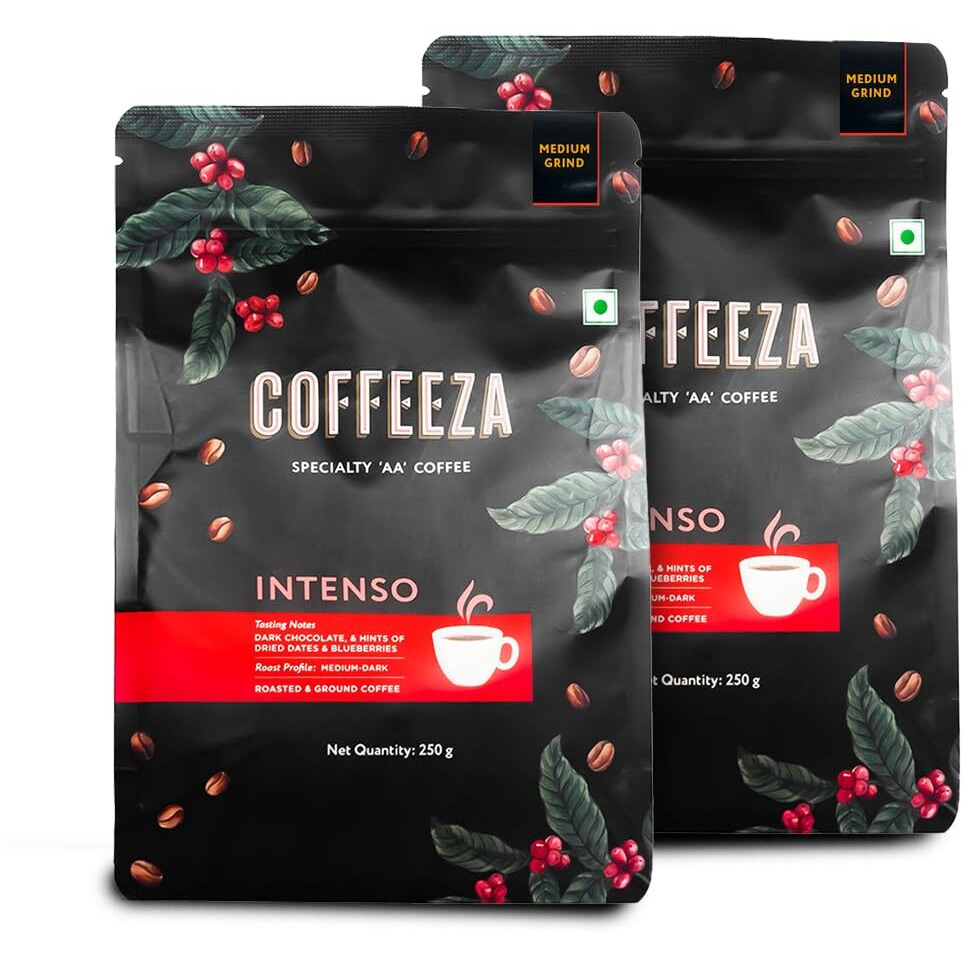 COFFEEZA Intenso Ground Coffee | Medium Grind (Pour-Over, Aeropress & Filter Coffee) | Premium Grade, Medium-Dark Roasted Ground Coffee | Pack Of 2 X 250Gm Packet