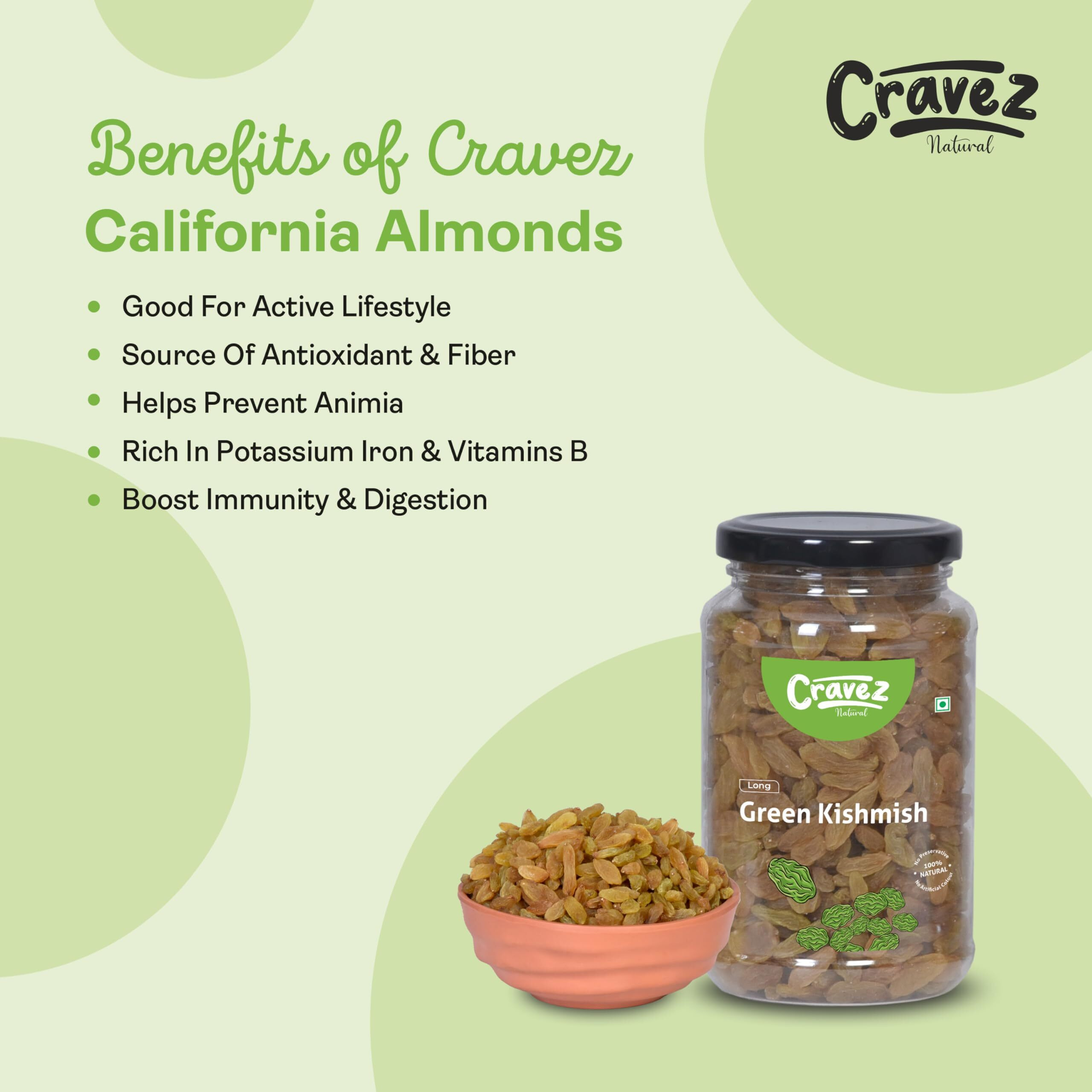 cravez Seedless Green Raisins 250 Gm|Kishmish|Nutritious Dried Grapes|Rich In Iron|100% Natural|No Preservatives|No Additives|Healthy Snacks