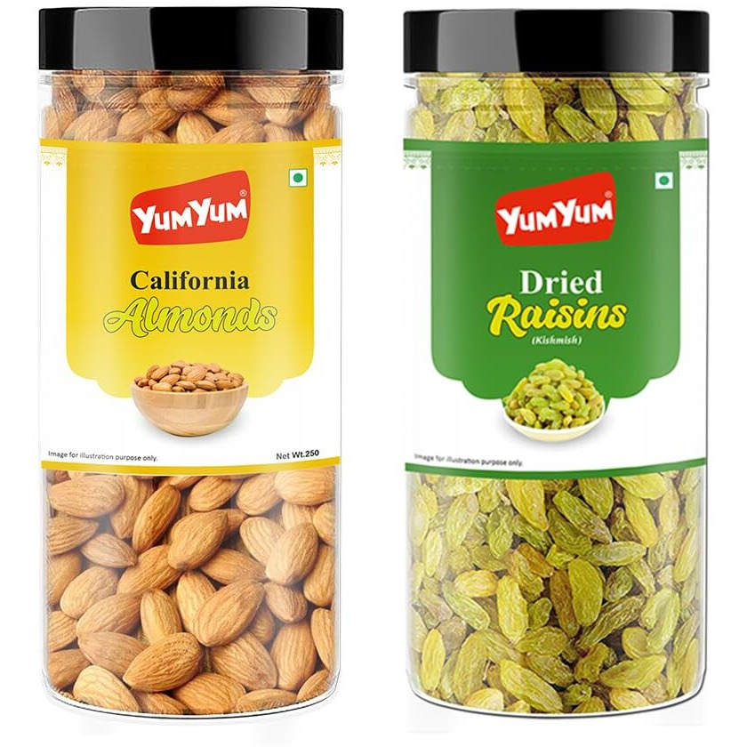 YUM YUM Premium Dry Fruits Combo Pack of 2 | California Almonds 250g, Dried Raisins Kishmish 250 g | Total 500g | Healthy Dry Fruits Snacks | Kismis, Badam Dry Combo