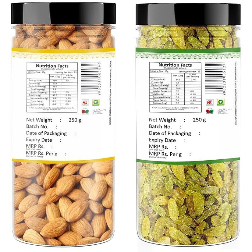 YUM YUM Premium Dry Fruits Combo Pack of 2 | California Almonds 250g, Dried Raisins Kishmish 250 g | Total 500g | Healthy Dry Fruits Snacks | Kismis, Badam Dry Combo