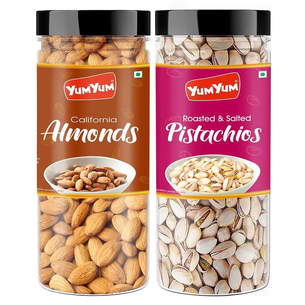 YUM YUM Premium Dry Fruits Combo Pack of 2 | California Almonds 150g, Roasted Salted Pistachios Nut 150 g | Total 300g | Healthy Dry Fruits Snacks | Pista, Badam Dry Combo