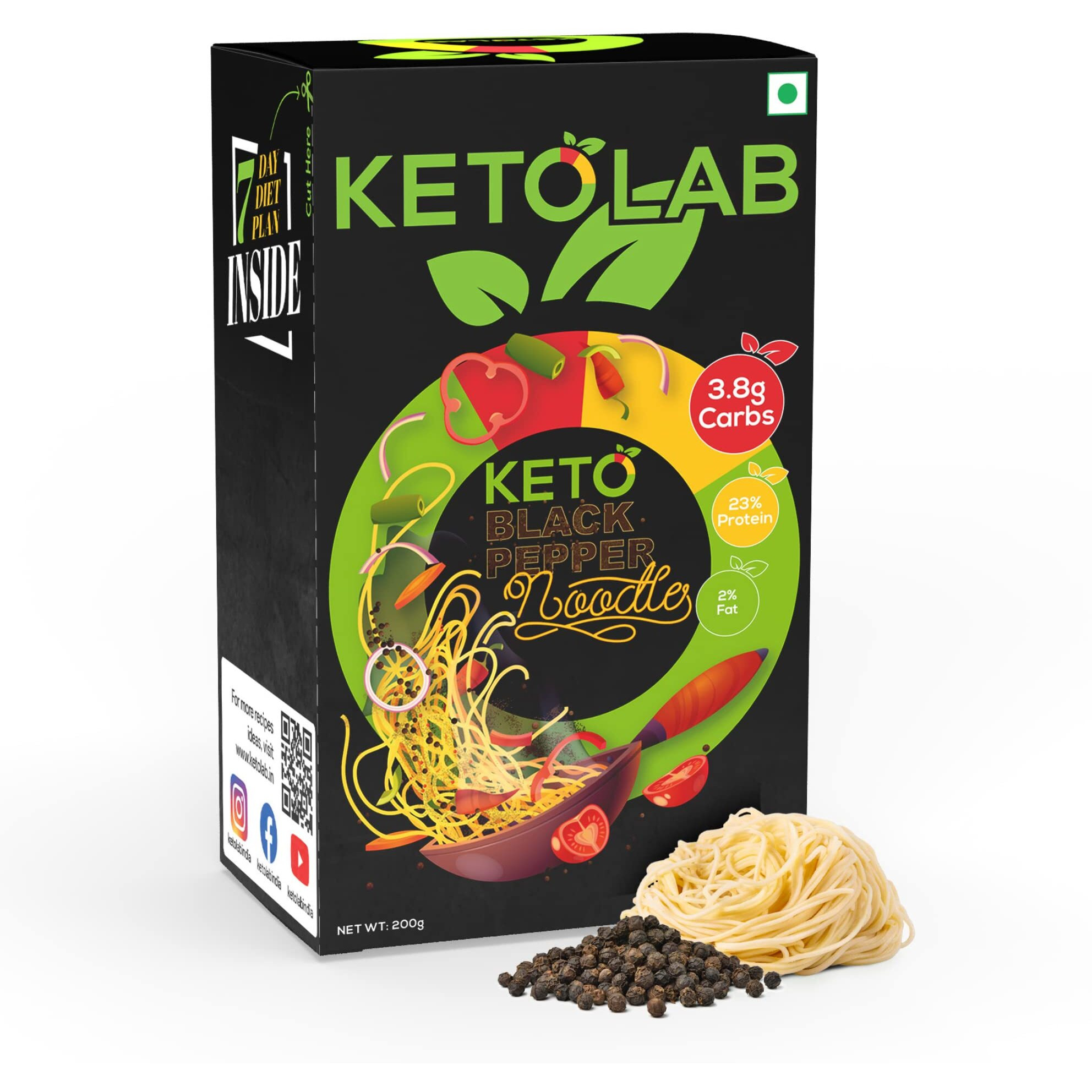 Ketolab Keto Pepper Noodles Spaghetti, 200 Gms (Pack of 2), 3.8g Net Carb & 23% High Protein/Serving, Identical to Regular Noodles, Low Carb, High Fibre, Low GI, Keto Diet, Diabetic Friendly