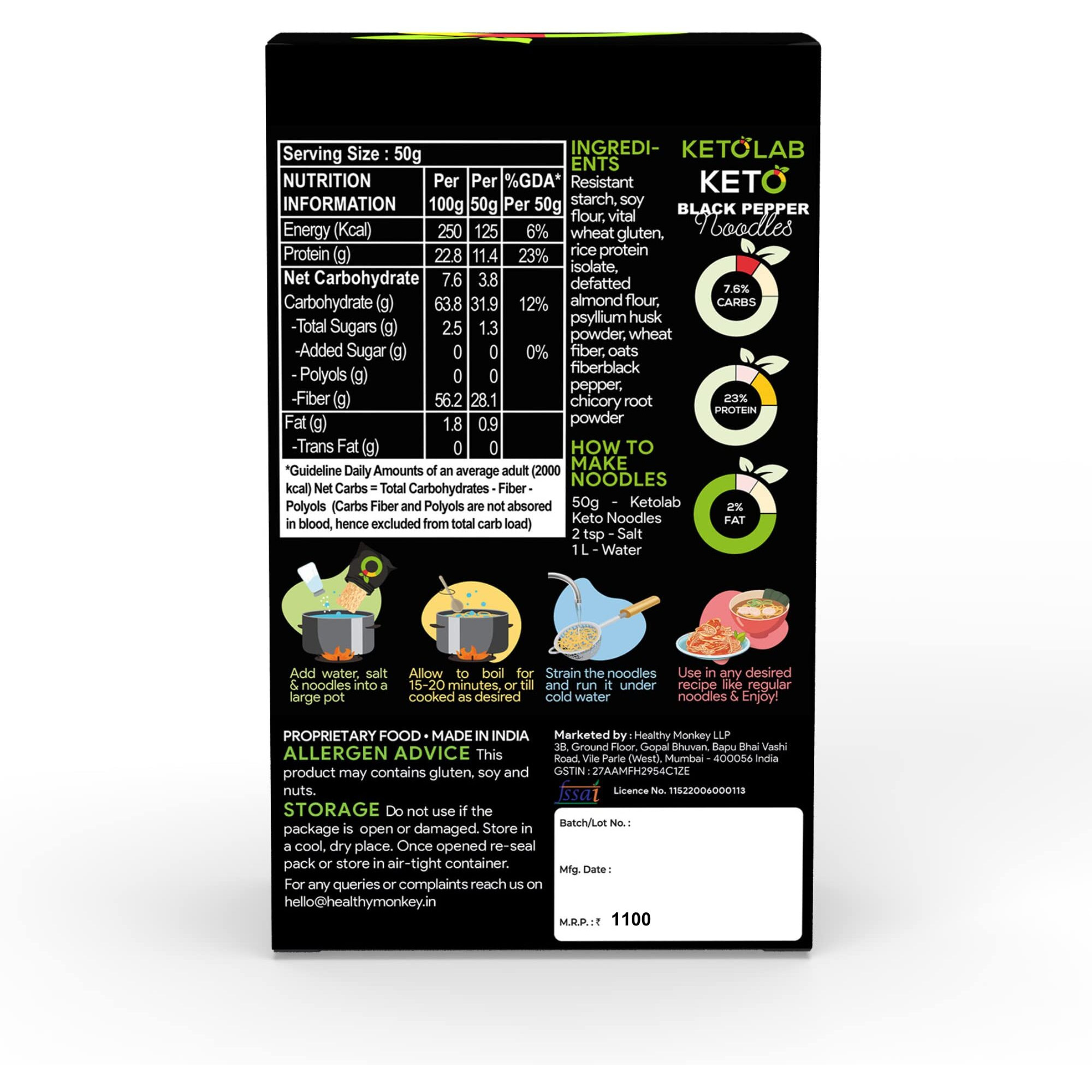 Ketolab Keto Pepper Noodles Spaghetti, 200 Gms (Pack of 2), 3.8g Net Carb & 23% High Protein/Serving, Identical to Regular Noodles, Low Carb, High Fibre, Low GI, Keto Diet, Diabetic Friendly
