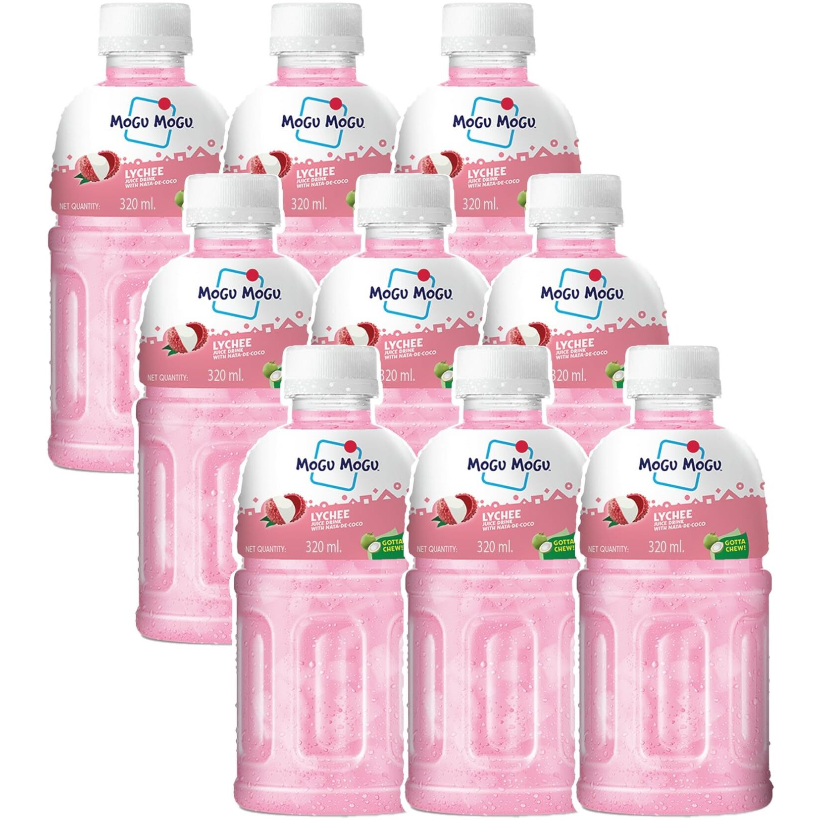 Mogu Mogu Lychee Juice with 25% NATA De Coco | Energy Booster Drink | Full of Fruit Fibres | No Added Preservatives and Colours - (Pack of 9, 320ml Each)
