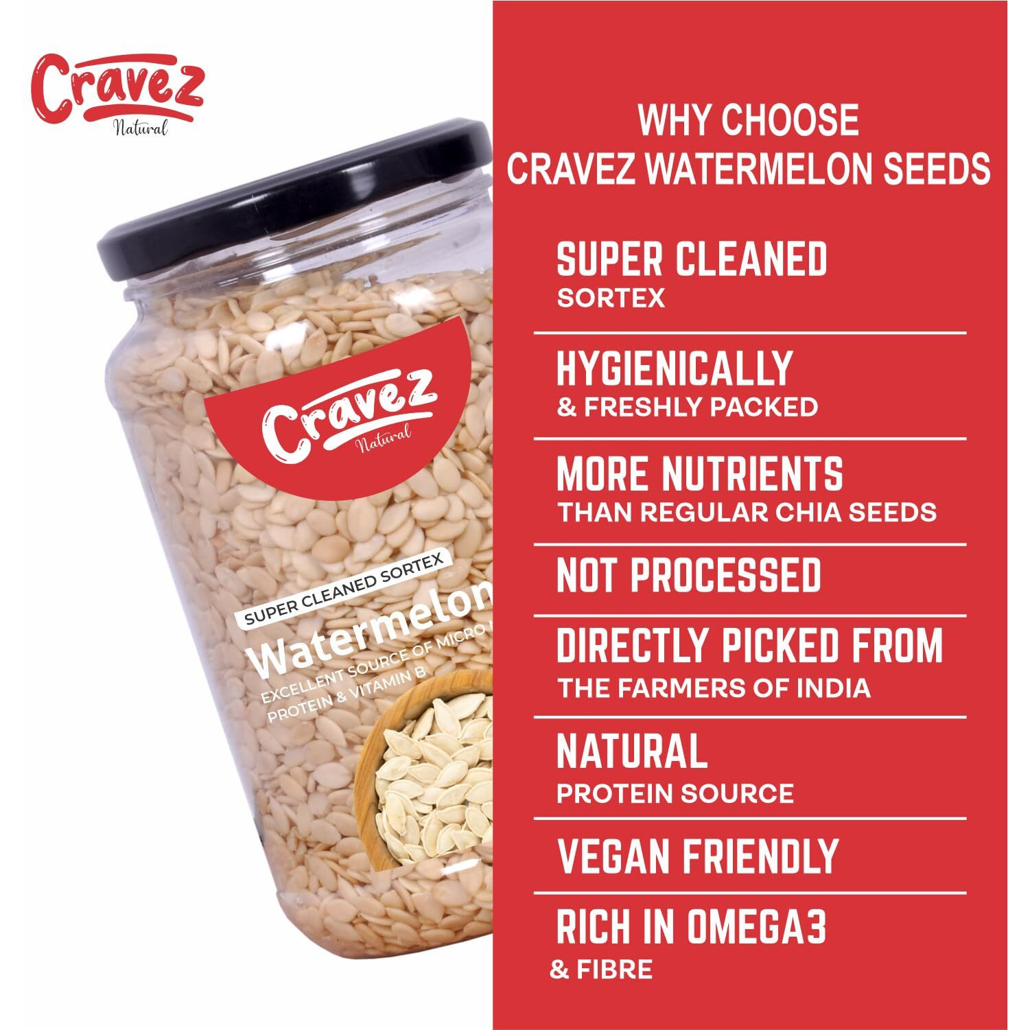 Cravez Watermelon Seeds - 250gm Magaz Seeds | Raw Watermelon Seeds for Eating | Diet Food High in Protein | Seeds for Snacking | Nutrients Rich | Source of Antioxidants