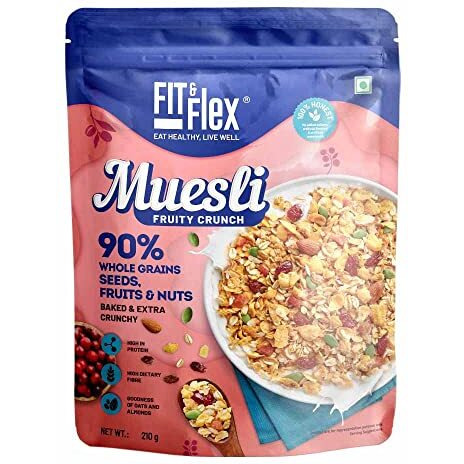 FIT & FLEX Baked And Healthy Rich Cereal Fruity Crunch Muesli | Oat Rich Cereal With High Protein | Ready To Eat Breakfast Cereal | As Seen On Shark Tank India | 210 Gm (Pack Of 1) - Fruity Crunch