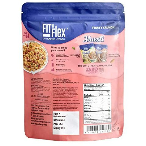 FIT & FLEX Baked And Healthy Rich Cereal Fruity Crunch Muesli | Oat Rich Cereal With High Protein | Ready To Eat Breakfast Cereal | As Seen On Shark Tank India | 210 Gm (Pack Of 1) - Fruity Crunch