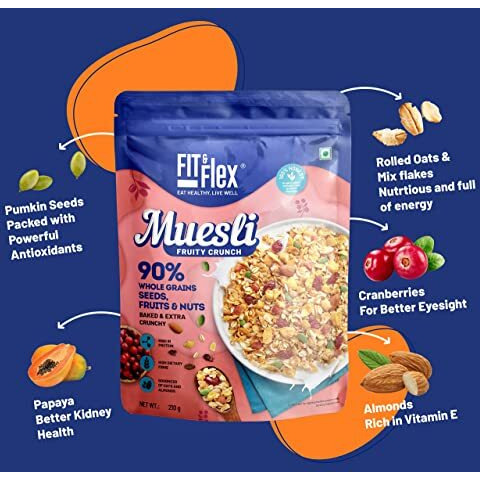 FIT & FLEX Baked And Healthy Rich Cereal Fruity Crunch Muesli | Oat Rich Cereal With High Protein | Ready To Eat Breakfast Cereal | As Seen On Shark Tank India | 210 Gm (Pack Of 1) - Fruity Crunch
