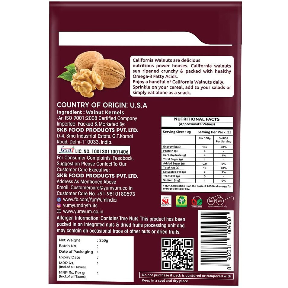 YUM YUM 100% Natural Dried Premium California Walnut Kernels, 500g (2 X 250g) | Pure Without Shell Walnut Kernels | Akhrot Giri Dry Fruit| Perfect for snacking | Brain Food | Raw Akhroth Giri|