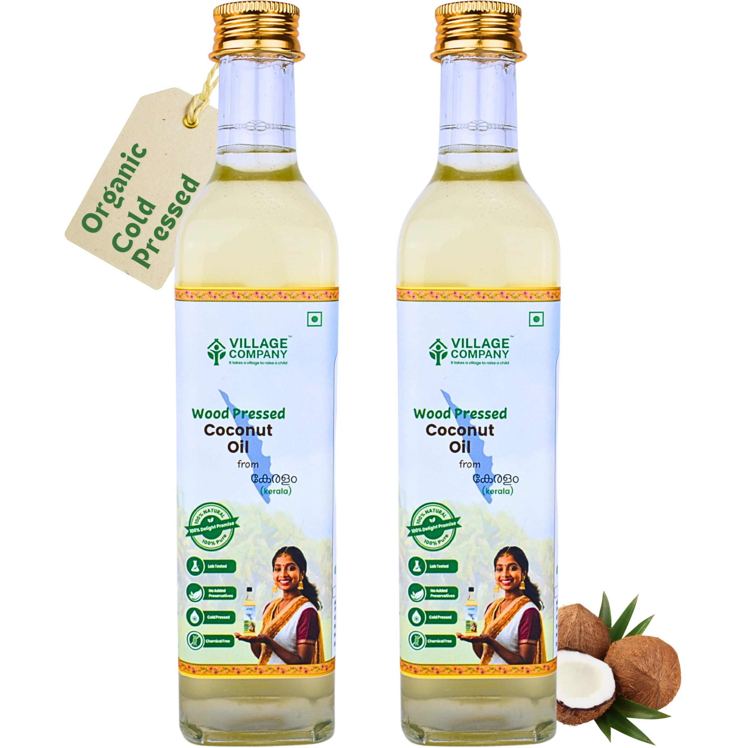 Village Company Extra Virgin Cold Pressed Coconut Oil 500ML Pack of 2 | Hair Skin Cooking Baby Massage | Organic Pure Edible Natural | Wood Press Kolhu Kacchi Ghani Chekku | Chemical-Free Glass Bottle
