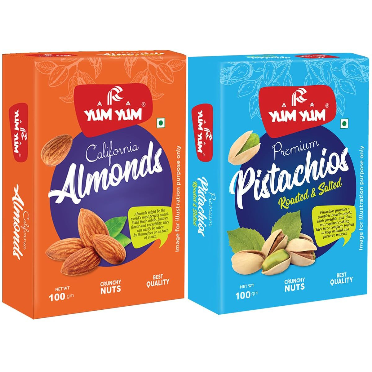 YUM YUM Premium Dry Fruits Combo Pack of 2 | California Almonds 100g, Roasted Salted Pistachios Nut 100g, | Total 200 g | Healthy Dry Fruits Snacks | Pista, Badam Dry Combo