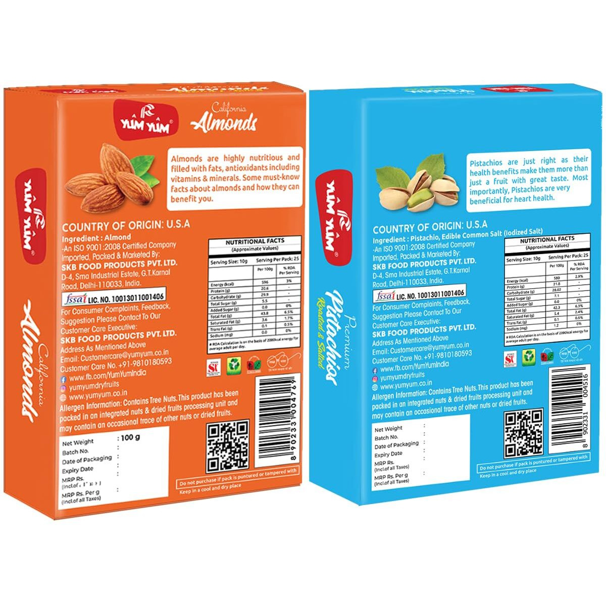 YUM YUM Premium Dry Fruits Combo Pack of 2 | California Almonds 100g, Roasted Salted Pistachios Nut 100g, | Total 200 g | Healthy Dry Fruits Snacks | Pista, Badam Dry Combo
