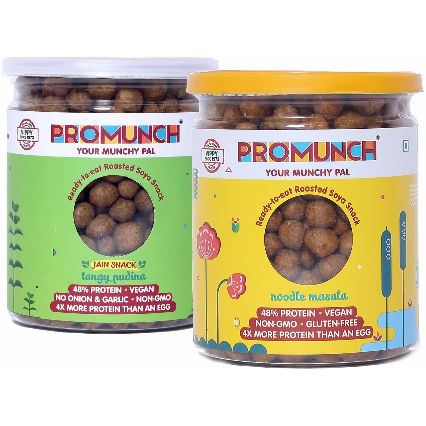 PROMUNCH Roasted Soya Snack | Vegan | High-Protein | Healthy | Gluten-Free | Pack of 2, Flavour Tangy Pudina and Noodle Masala - 150G Each