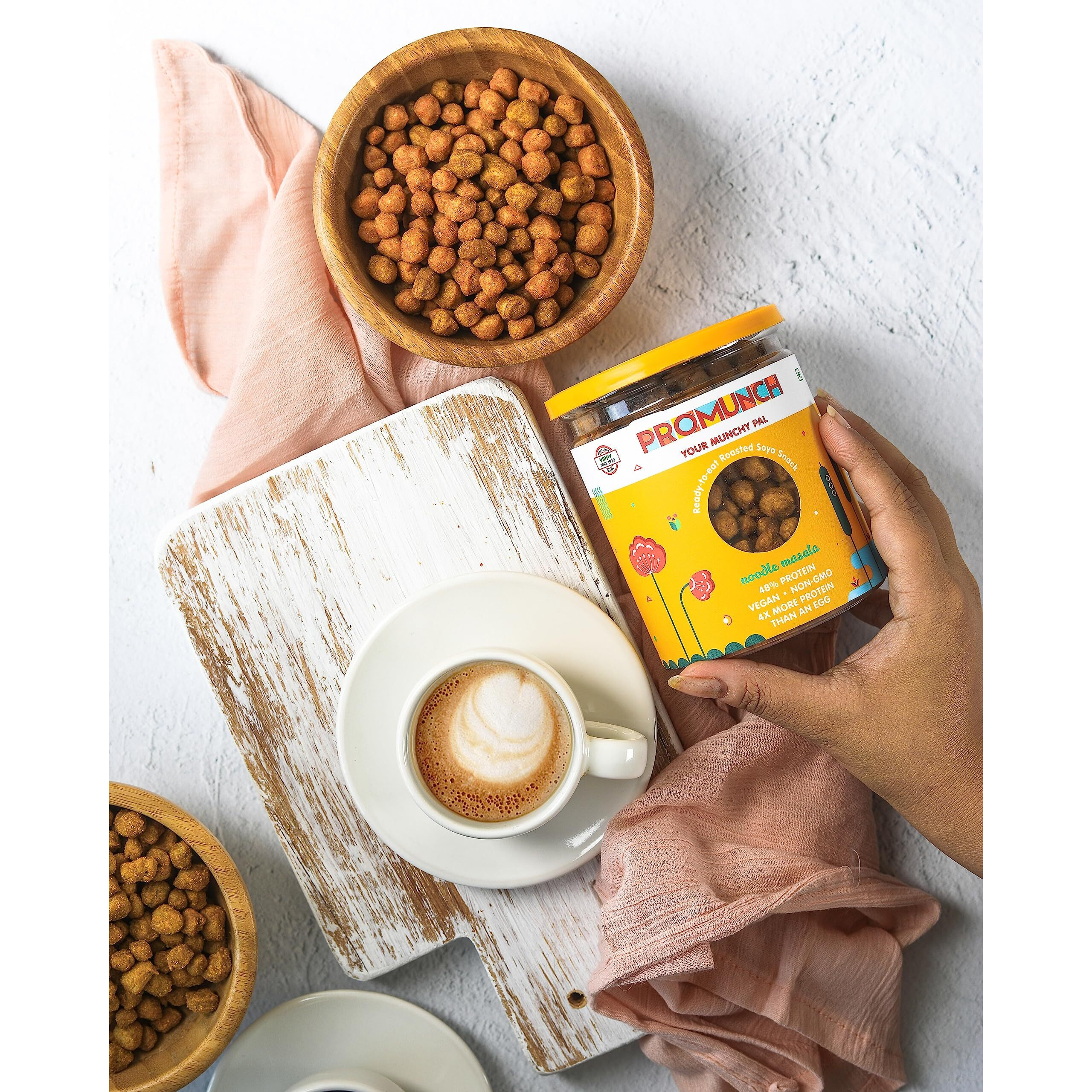 PROMUNCH Roasted Soya Snack | Vegan | High-Protein | Healthy | Gluten-Free | Pack of 2, Flavour Tangy Pudina and Noodle Masala - 150G Each
